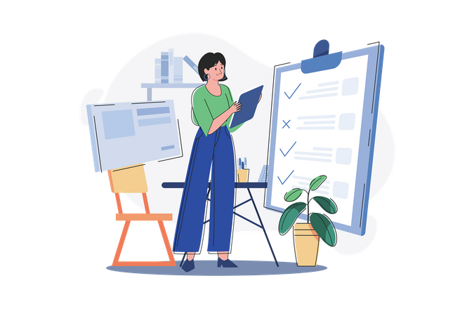 Female Employee Working On The Tasklist  Illustration