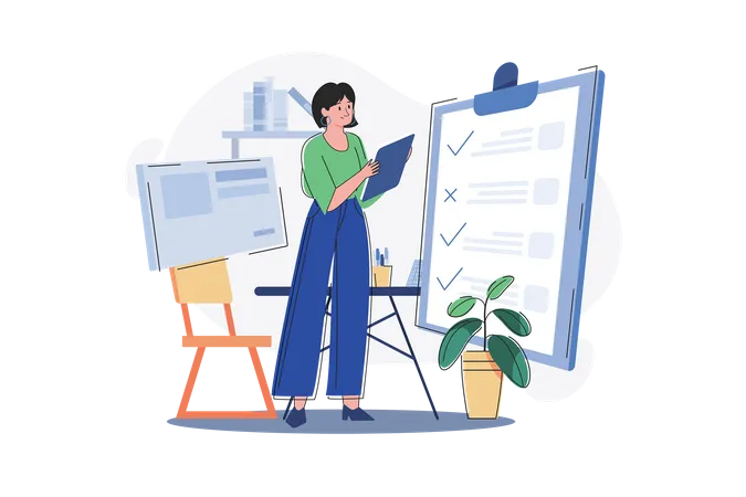 Female Employee Working On The Tasklist  Illustration