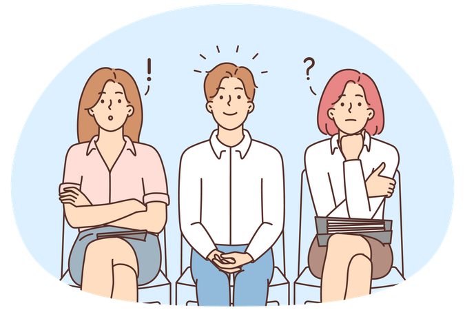 Female employees confused with successful male applicant  Illustration