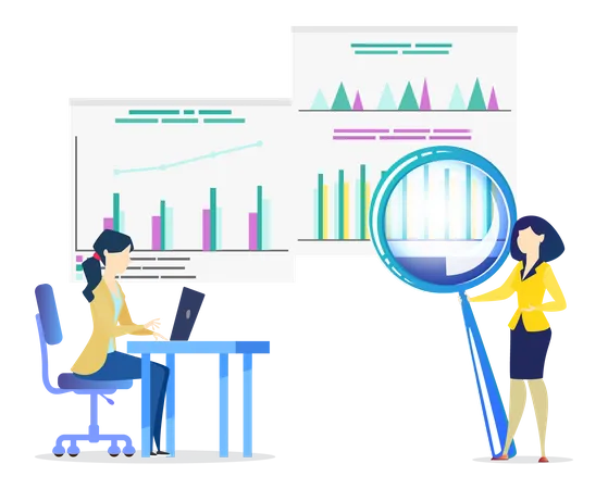 Female employees doing data analytics  Illustration
