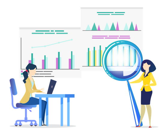 Female employees doing data analytics  Illustration