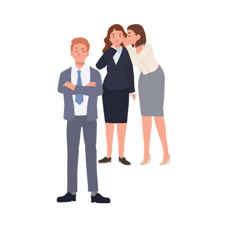 Female employees whisper secret in front of angry boss  Illustration
