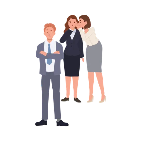 Female employees whisper secret in front of angry boss  Illustration