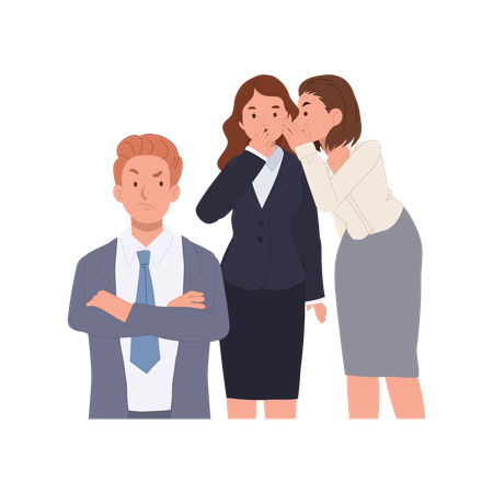 Female employees whisper secret in front of angry boss  Illustration