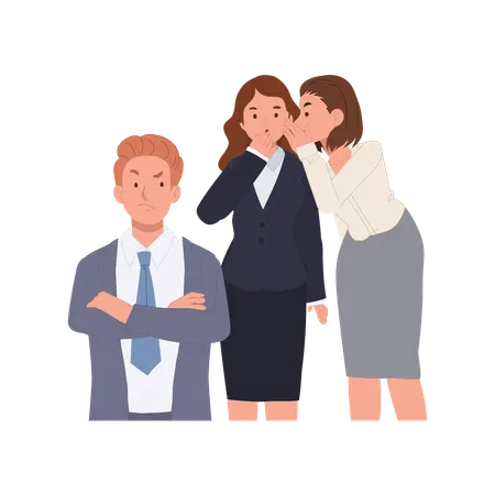 Female employees whisper secret in front of angry boss  Illustration
