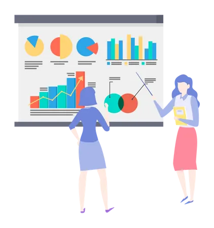 Women Analysing Diagrams Brainstorming Marketing Research Results Presentation Colleagues Discuss Statistical Indicators Business Statistics Female Employees Work With Financial Data Analysis 일러스트레이션