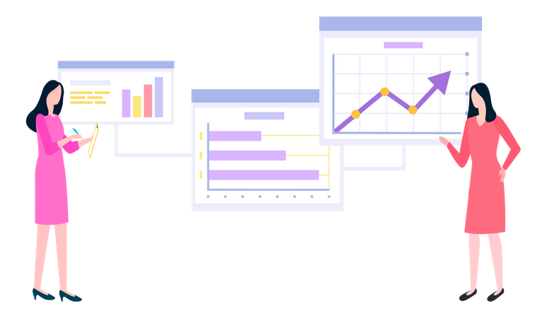 Female employees work with data analysis  Illustration