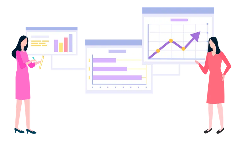 Female employees work with data analysis  Illustration