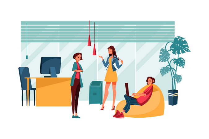 Female employees working at co-working space  Illustration