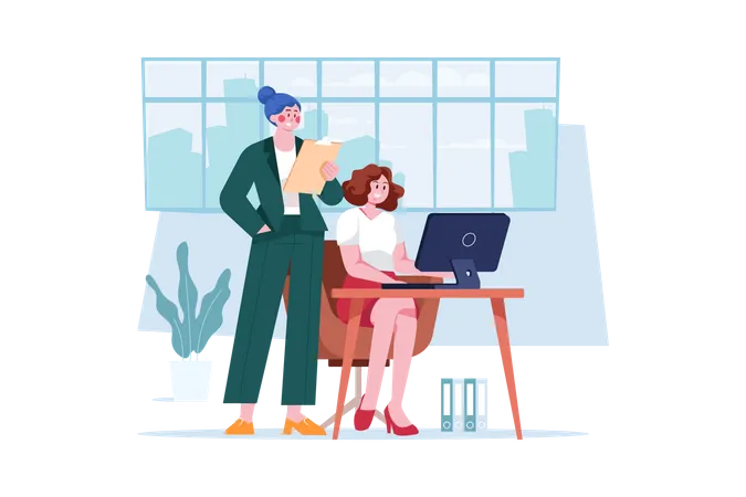 Female employees working in office Illustration