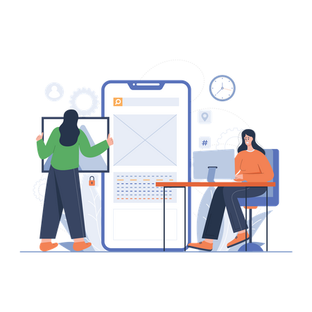 Female employees working on app development  Illustration