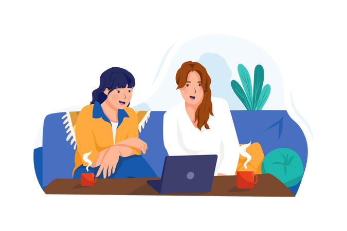 Female employees working on project at home Illustration