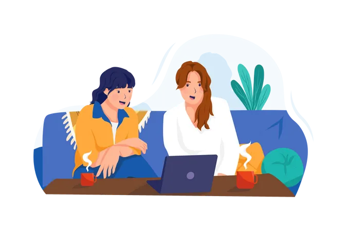 Female employees working on project at home  Illustration
