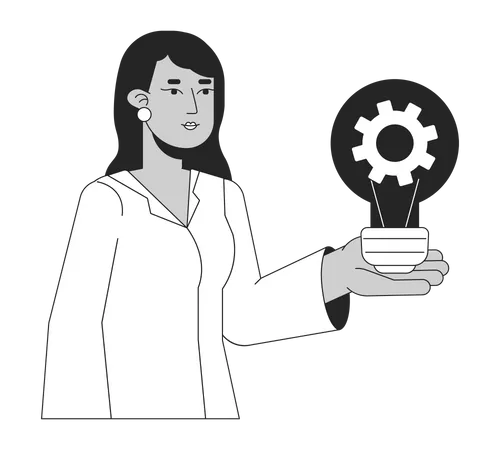Female Engineer Bw Concept Vector Spot Illustration Woman Create Mechanism Inside Light Bulb 2 D Cartoon Flat Line Monochromatic Character For Web UI Design Editable Isolated Outline Hero Image Illustration