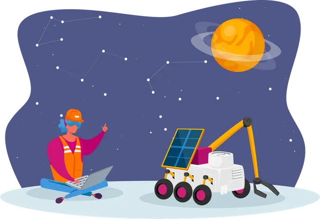 Female Engineer Control Rover Moving on Alien Planet Surface  Illustration