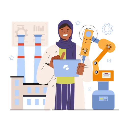 Diverse Women In Technology And Engineering Concept Female Industrial Engineer Improve Processes Or Design Efficient Mechanical Systems Or Product Flat Vector Illustration Illustration