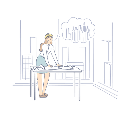 Female Engineer Dreaming About Constructing Skyscraper In City  イラスト