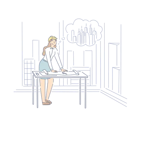 Female Engineer Dreaming About Constructing Skyscraper In City  Illustration