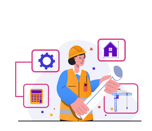 Female engineer holding house construction site plan  Illustration