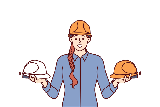 Female engineer holding two hemet  Illustration