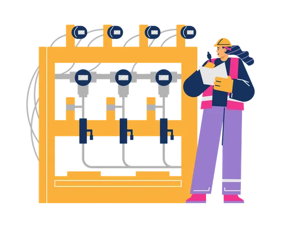 Female Engineer recording data from metering devices at pipe station  Illustration