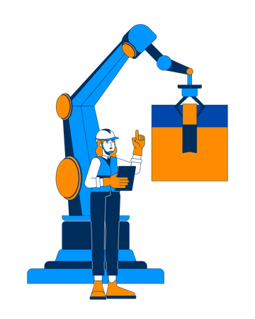 Female engineer supervising robotic packaging arm  Illustration