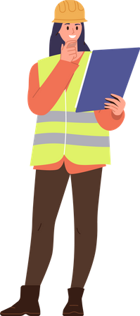 Female engineer worker looking at contract  Illustration