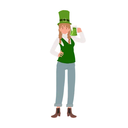Female Enjoying Green Beer on St patricks day  Illustration