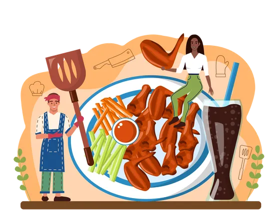 Buffalo Wings Concept Chicken Wings Cooking At Home With Butter And Pepper Spicy Homemade Appetizer With Crispy Crust Unhealthy Snack Of Meat Flat Vector Illustration イラスト