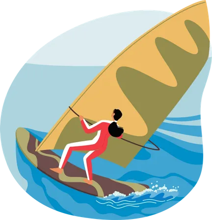 Female Character Enjoying Wind Surfing Thrill Maneuver On A Board With A Sail Attached To A Mast Using Skills And Balance To Control Speed And Direction Cartoon People Vector Illustration Illustration