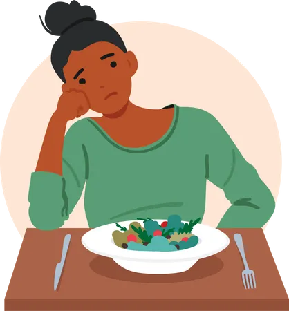 Female Character Experiencing Appetite Loss Due To Gastritis Disease Woman Feel Full Quickly After Consuming Small Amount Of Food Leading To Potential Weight Loss Cartoon People Vector Illustration Illustration