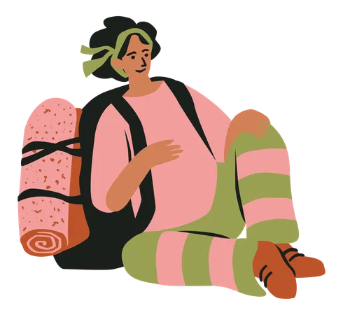 Female Explorer sitting with backpack  Illustration