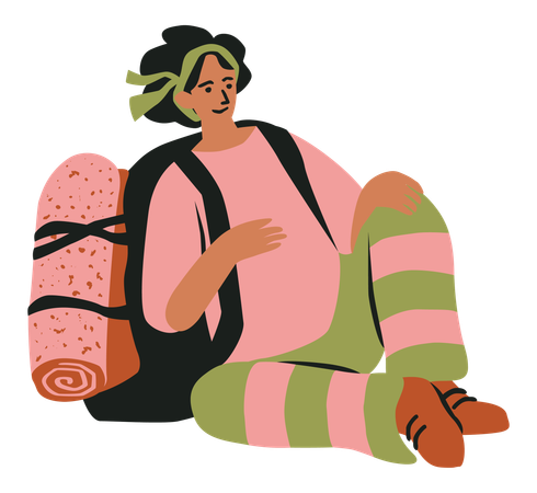 Female Explorer sitting with backpack  Illustration