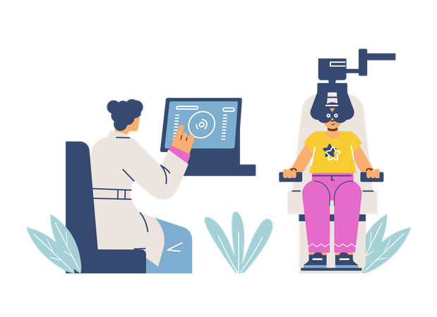 Female eye specialist checking eye vision on computer  Illustration