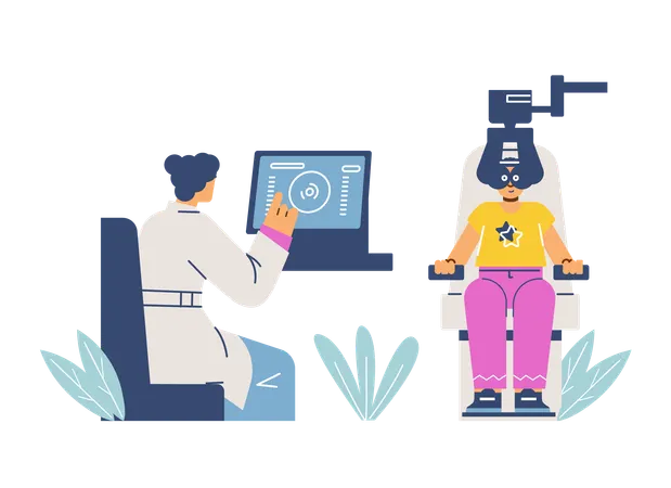 Female eye specialist checking eye vision on computer  Illustration