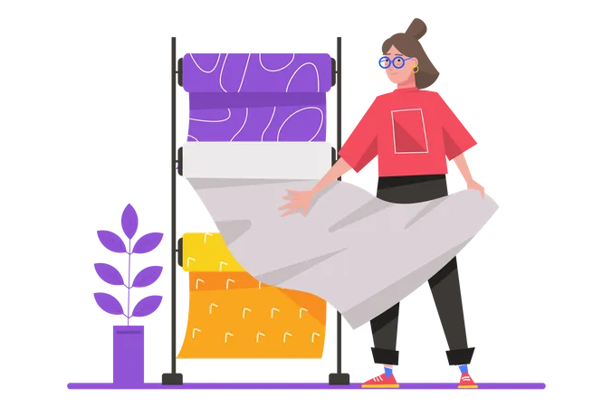 Creative Worker Concept In Flat Design Woman Works As Designer And Creates Prints For Fabric Or Paper Wallpaper Making Tasks In Studio Vector Illustration With Isolated People Scene For Web Banner イラスト