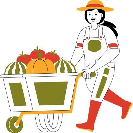 Female Farmer Carrying Fruits With Trolley  Illustration