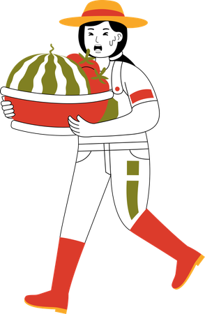 Female Farmer Carrying Watermelon In Basket  Illustration