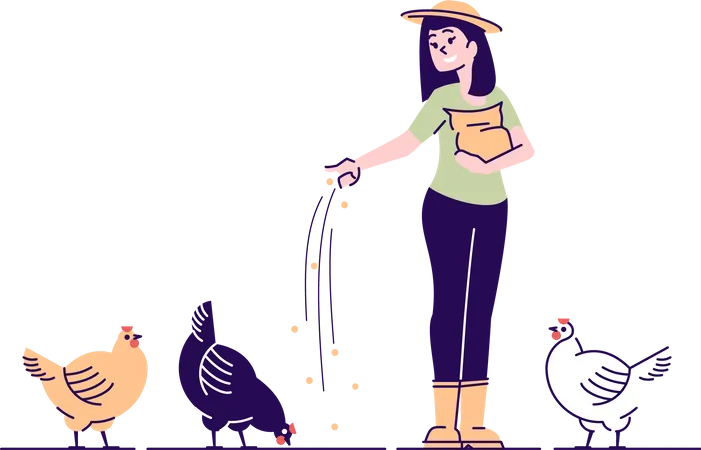 Female Farmer Feeding Chickens Flat Vector Character Poultry Backyard Farm Cartoon Concept With Outline Rural Woman Feeding Hens With Grain Poultry Breeding Hennery Organic Bird Agriculture Illustration