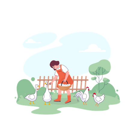 Female farmer feeding chickens  Illustration