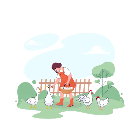 Female farmer feeding chickens  Illustration