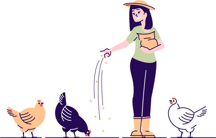 Female farmer feeding chickens  Illustration