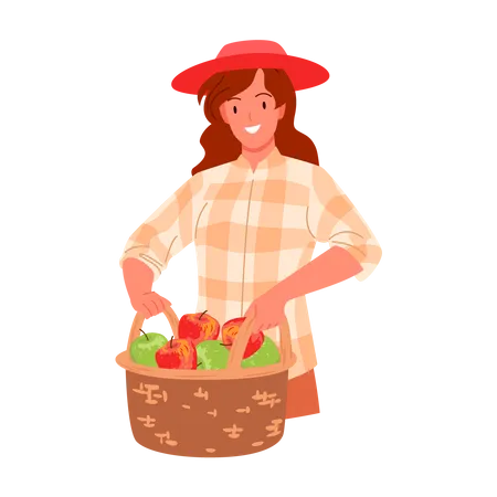 Female farmer holding apple busket  イラスト