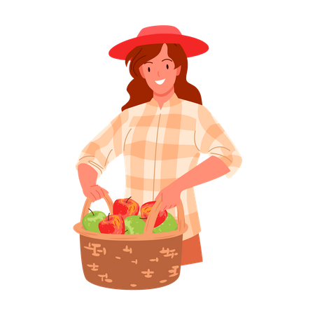 Female farmer holding apple busket  Illustration