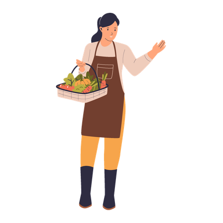 Female Farmer Holding Basket of Vegetables  Illustration