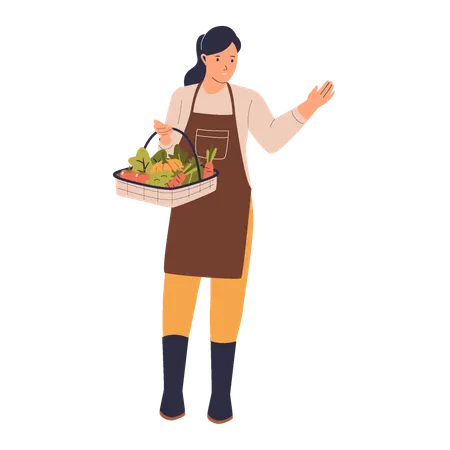 Female Farmer Holding Basket of Vegetables  Illustration