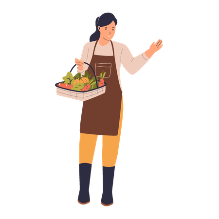 Female Farmer Holding Basket of Vegetables  Illustration