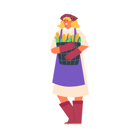 Female farmer holding basket with fresh corn  Illustration