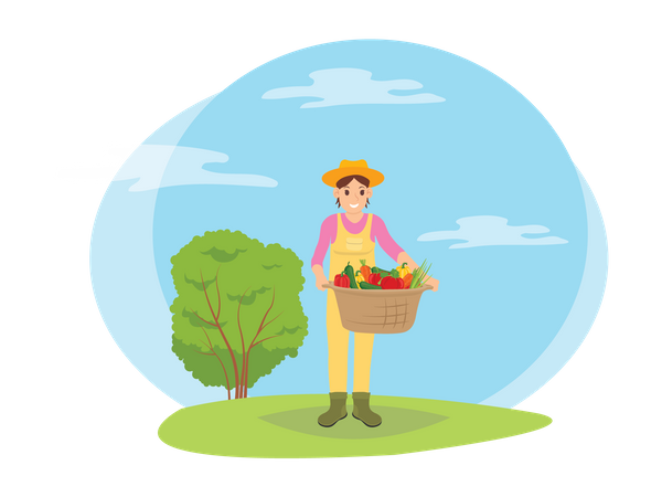 Female farmer holding carat of fresh fruits  Illustration