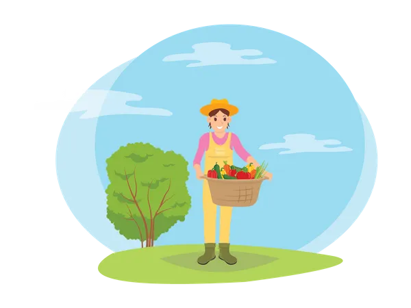 Female farmer holding carat of fresh fruits  Illustration